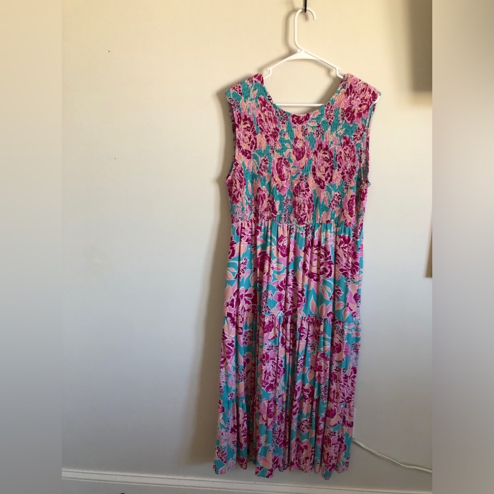 Amazon Smocked Crew Neck Sleeveless Dress with Teal & Pink Floral Print, XL NWOT